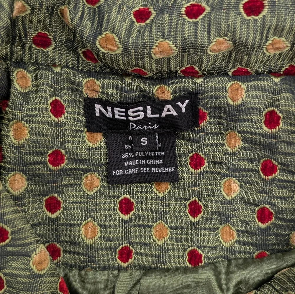 GUC Neslay Paris Women Sz S Jacquard Long Blazer Jacket Black Green Floral Fairy - Picture 5 of 11